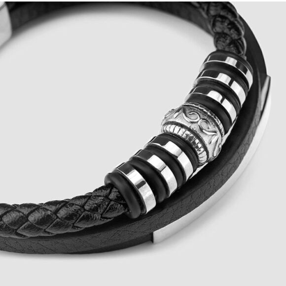 🎉HP🎉Men’s Black Leather Triple Strand Steel Bracelet - Picture 5 of 6